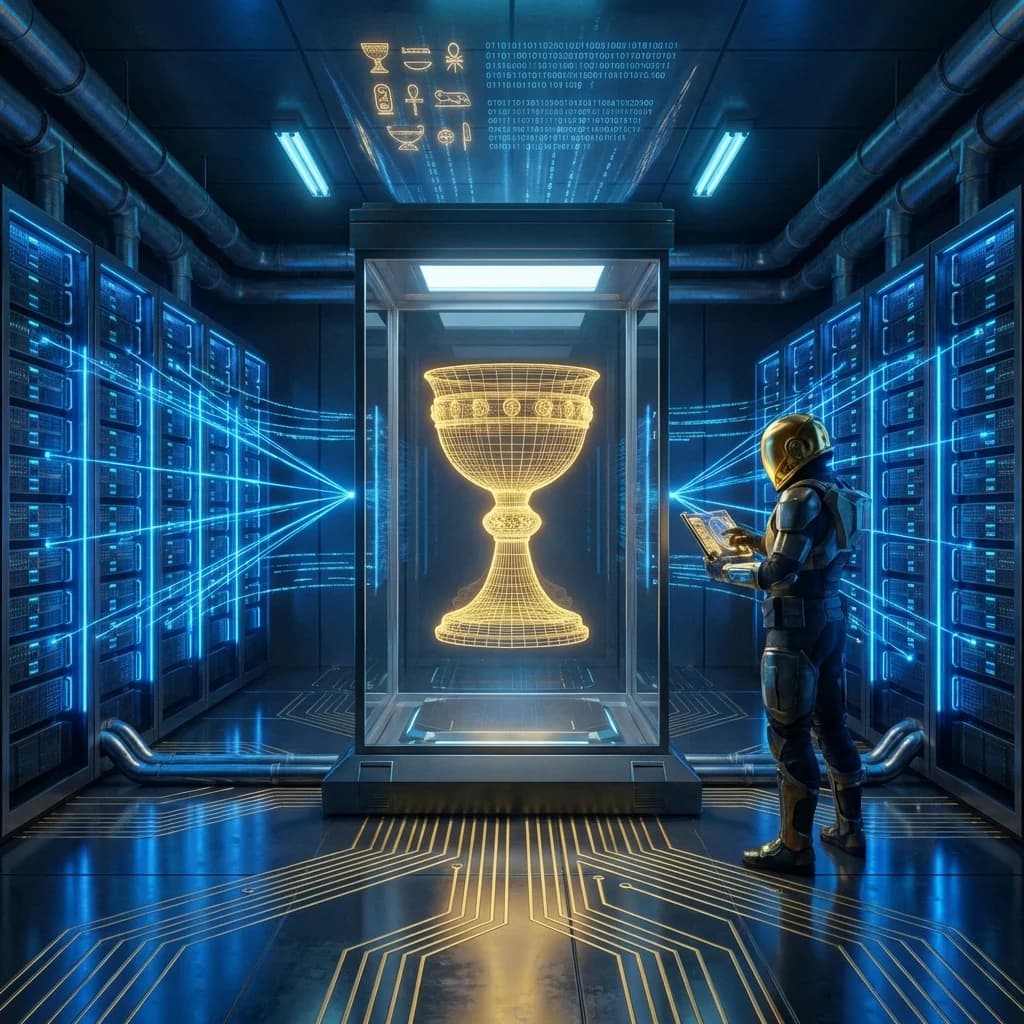 Futuristic concept art of a digital artifact floating in a secure server room data archive