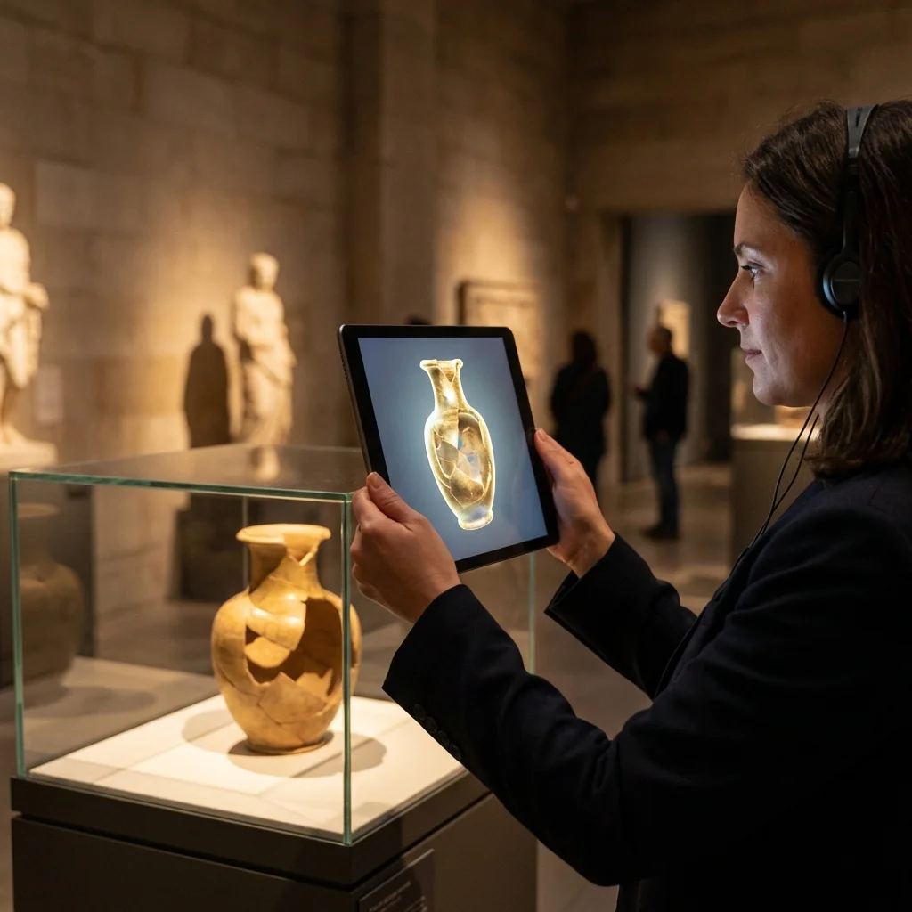 Museum visitor using a tablet to view an augmented reality 3D overlay of an ancient artifact
