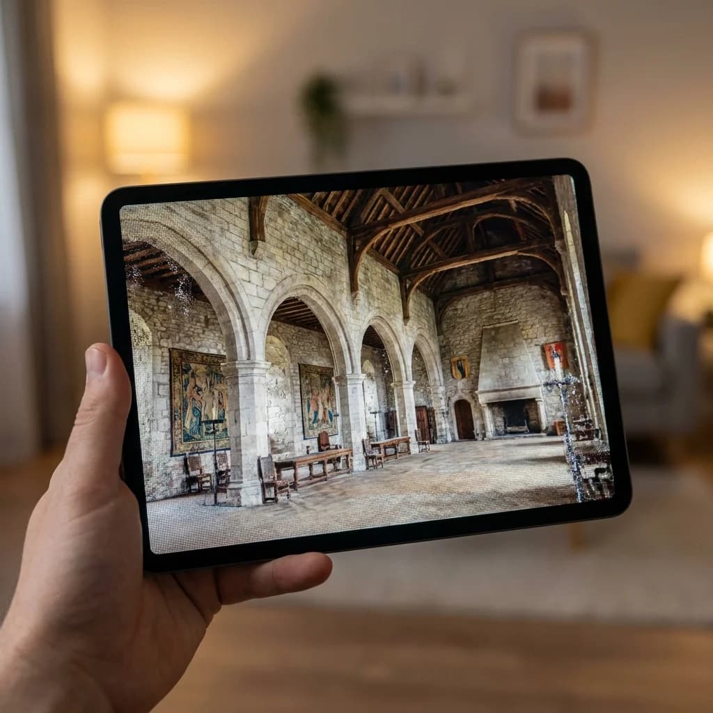 Close up of a tablet displaying a high-fidelity 3D model of a historic interior