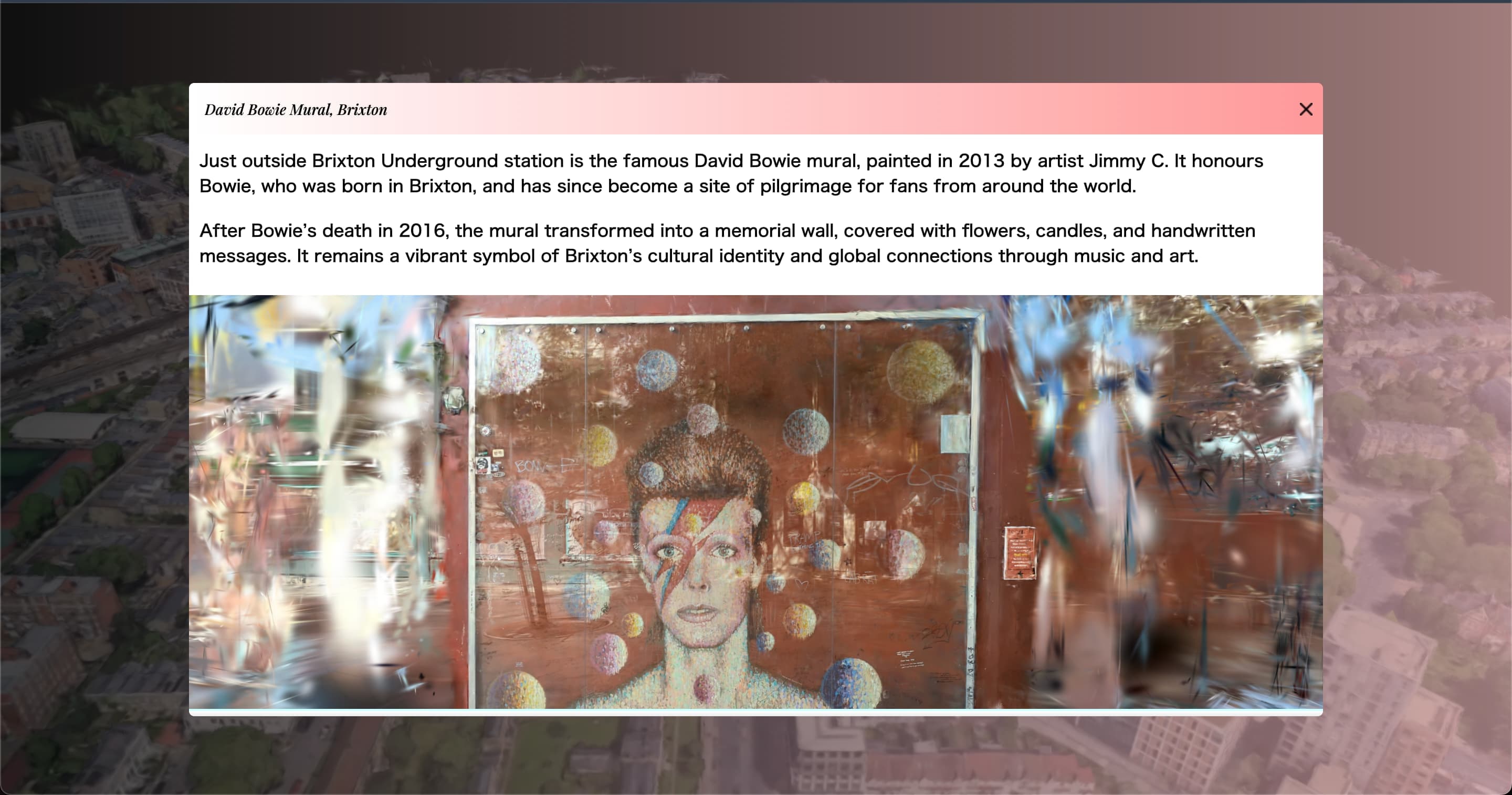 Brixton 3D model final result showing interactive Google Earth reconstruction viewer with complete urban neighborhood spatial data