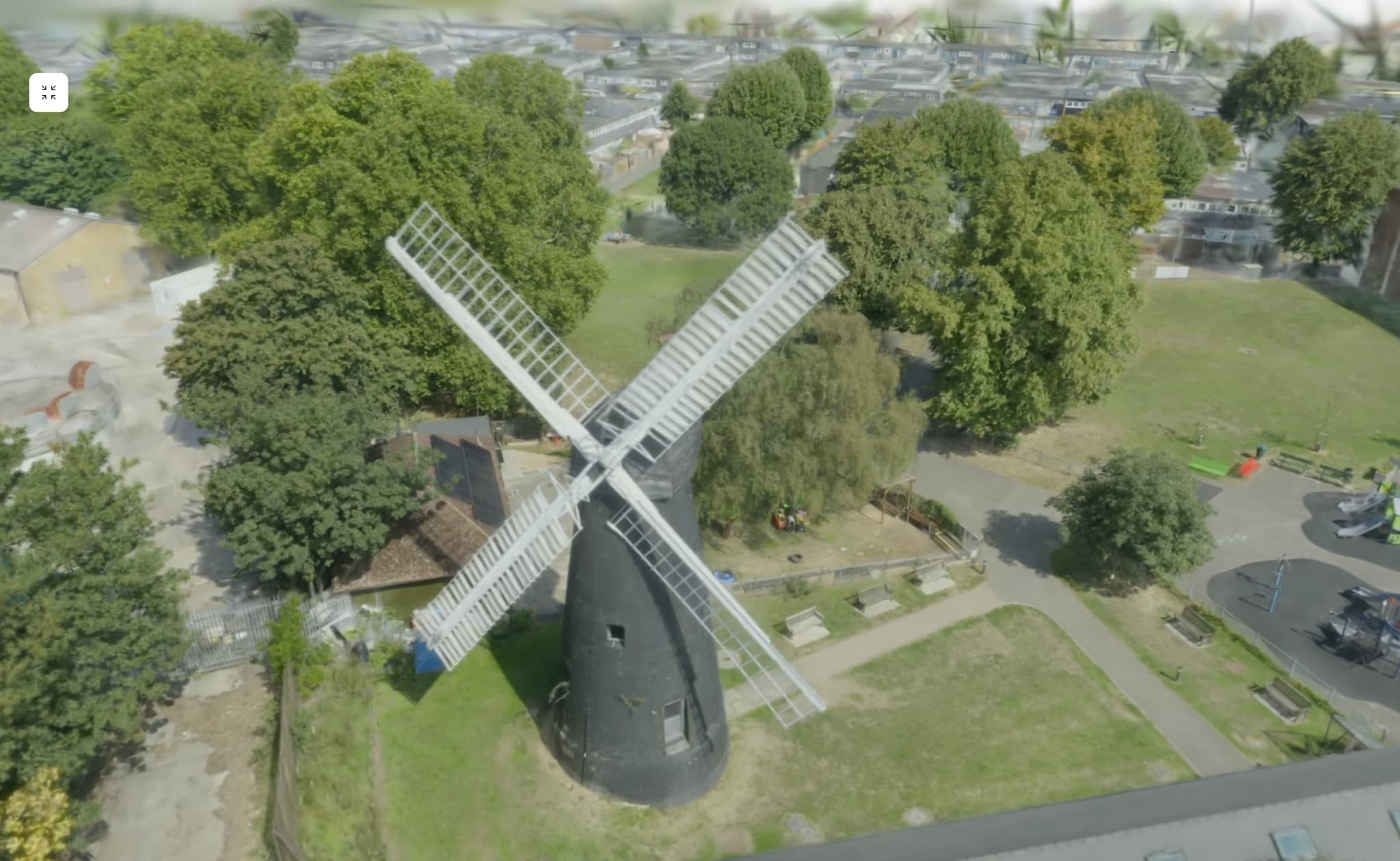 Final Gaussian splat viewer showing interactive 3D model of Brixton Windmill