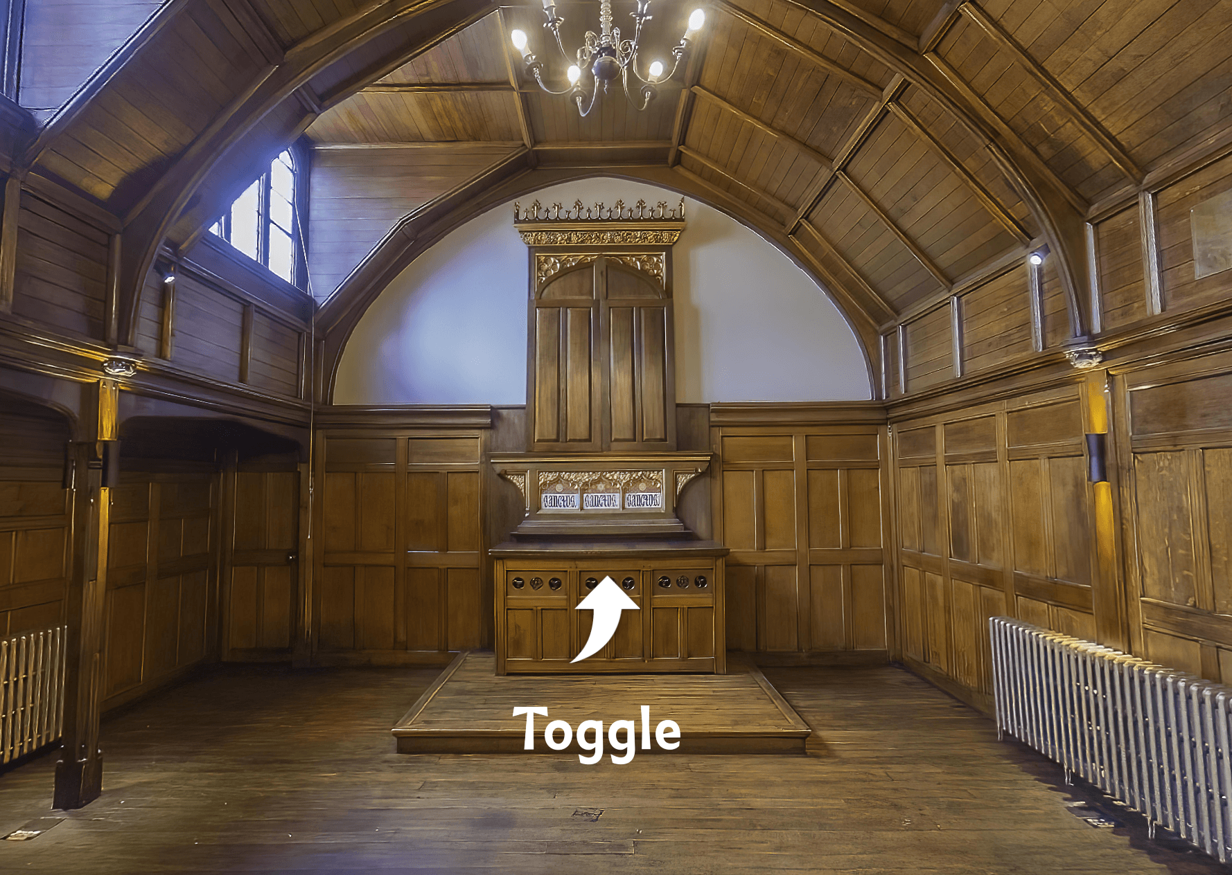 Oxford House Victorian chapel with interactive wooden doors revealing altar piece