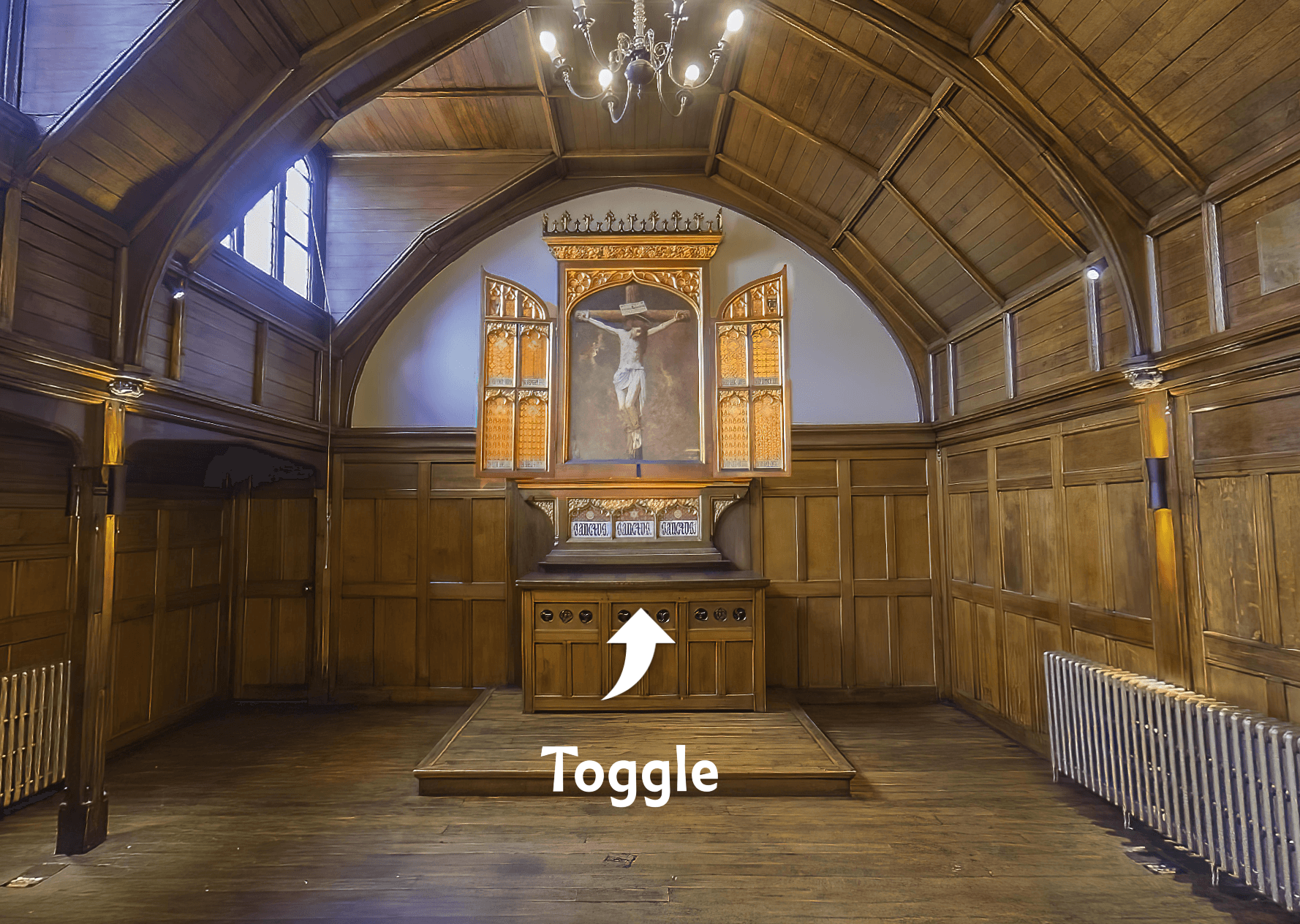 Oxford House Victorian chapel with interactive wooden doors revealing altar piece